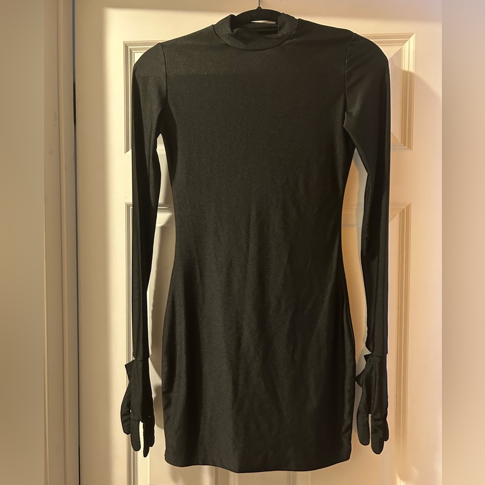 Black Long Sleeve mini Dress with attached gloves
